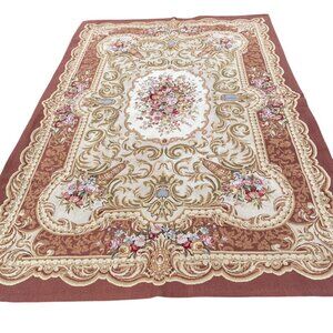 Vtg Aubusson-Style Needlepoint Floral Tapestry Rug Baroque No Backing Pink Brown